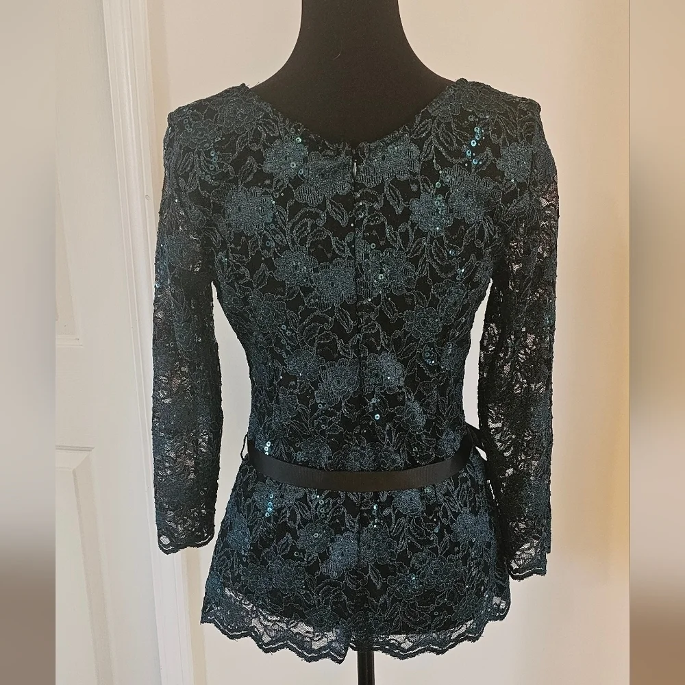 Onyx Nite Teal Lace Sequin Top with Satin Belt - Size M